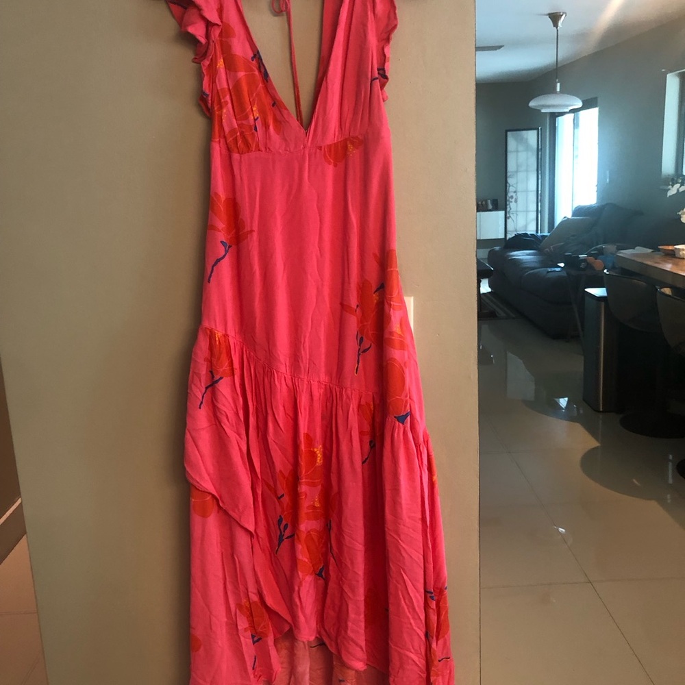 Free People Coral High Low Dress with Floral Accents